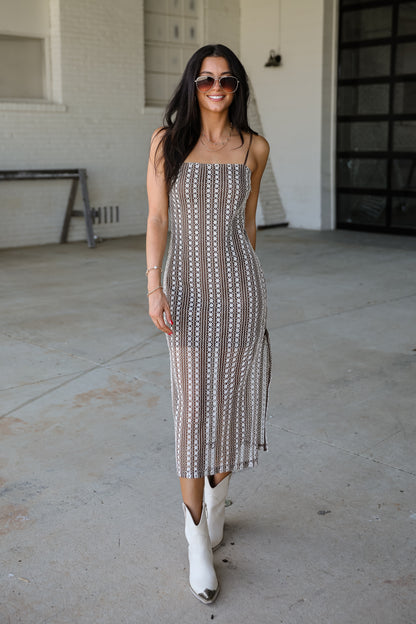 Stroll The Beaches Brown Crochet Midi Dress