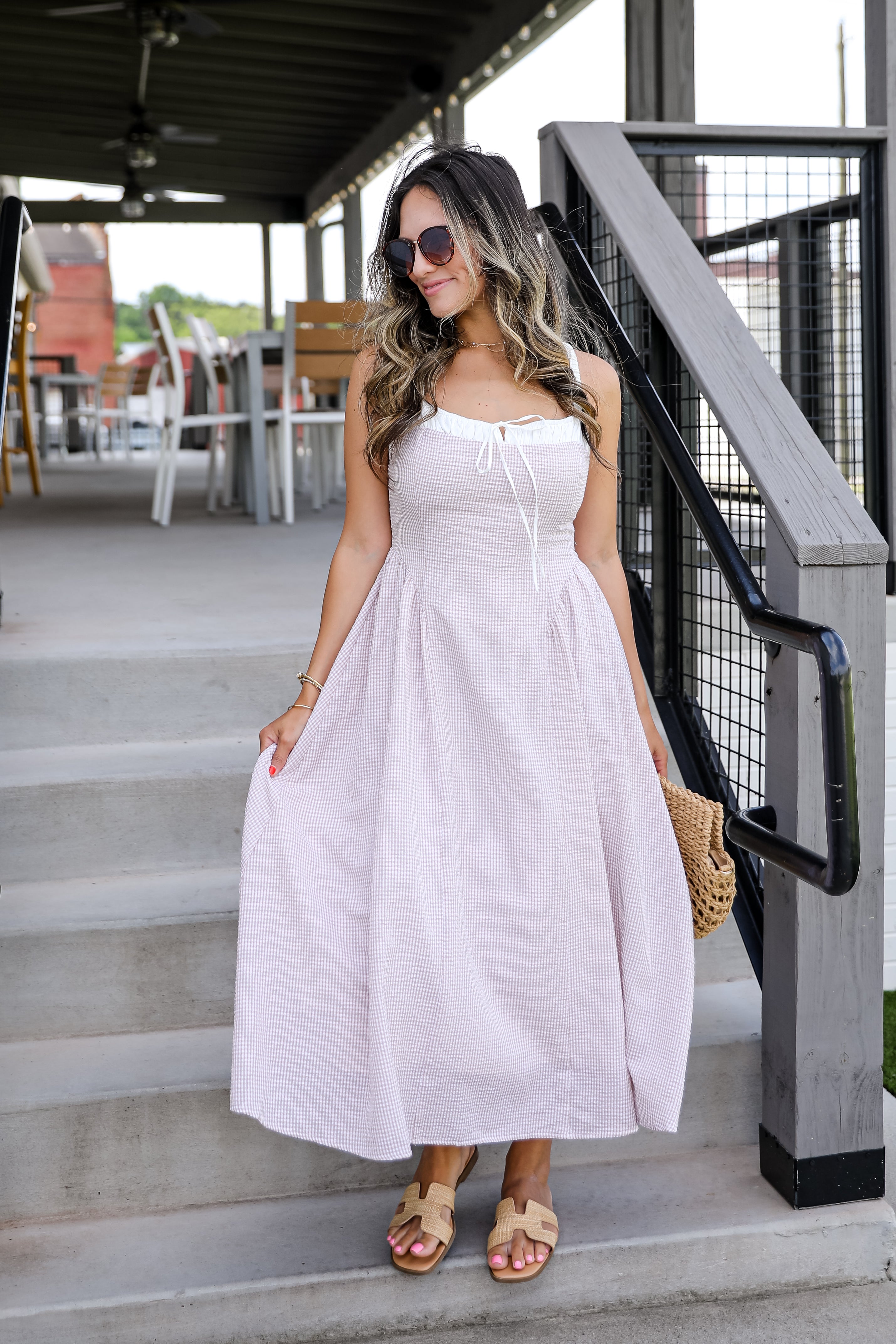 Sunny Day Classic Taupe Gingham Midi Dress
