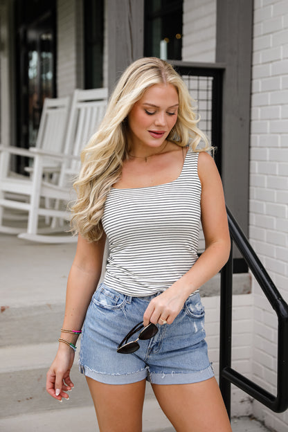 Sophie Everyday White/Black Striped Square Neck Tank