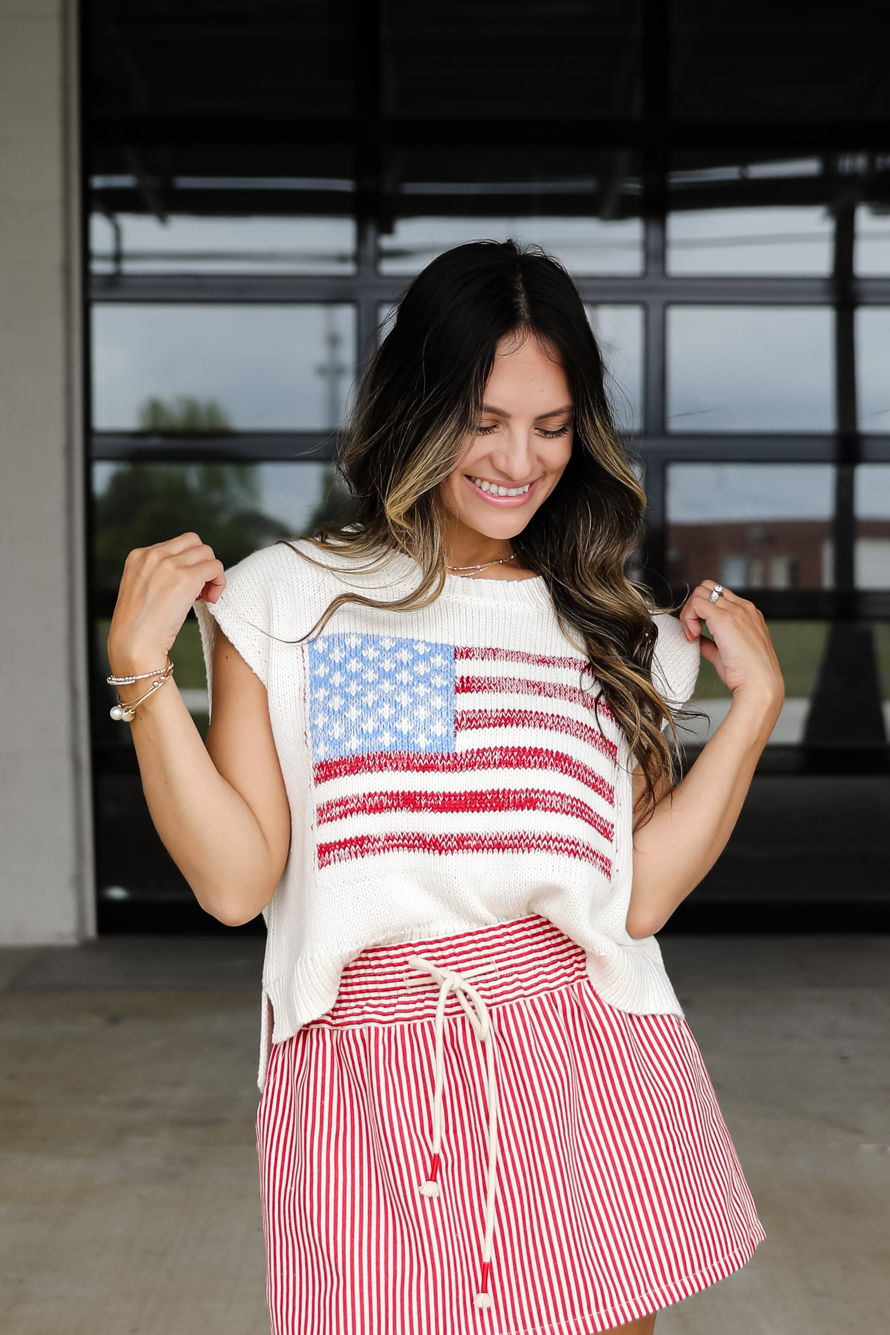 Miss Liberty Off White American Flag Knit Top