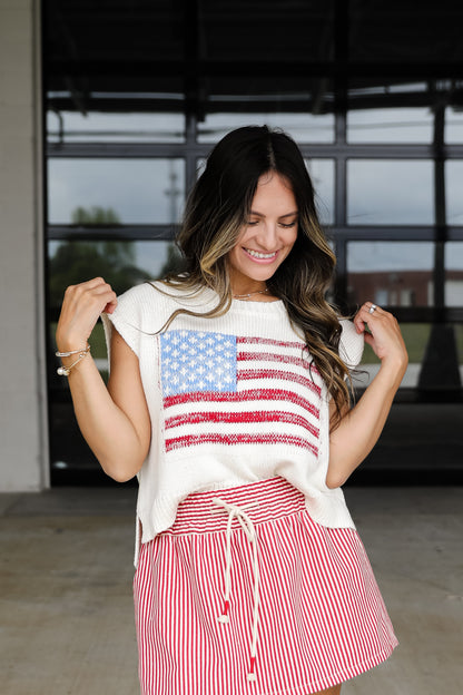 Miss Liberty Off White American Flag Knit Top