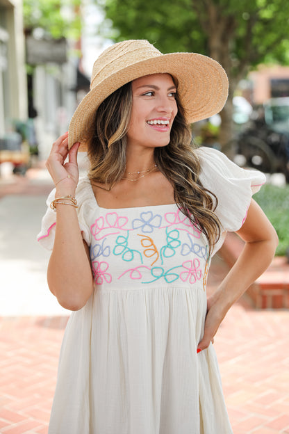 Sweet Meadow Cream Linen Embroidered Babydoll Mini Dress