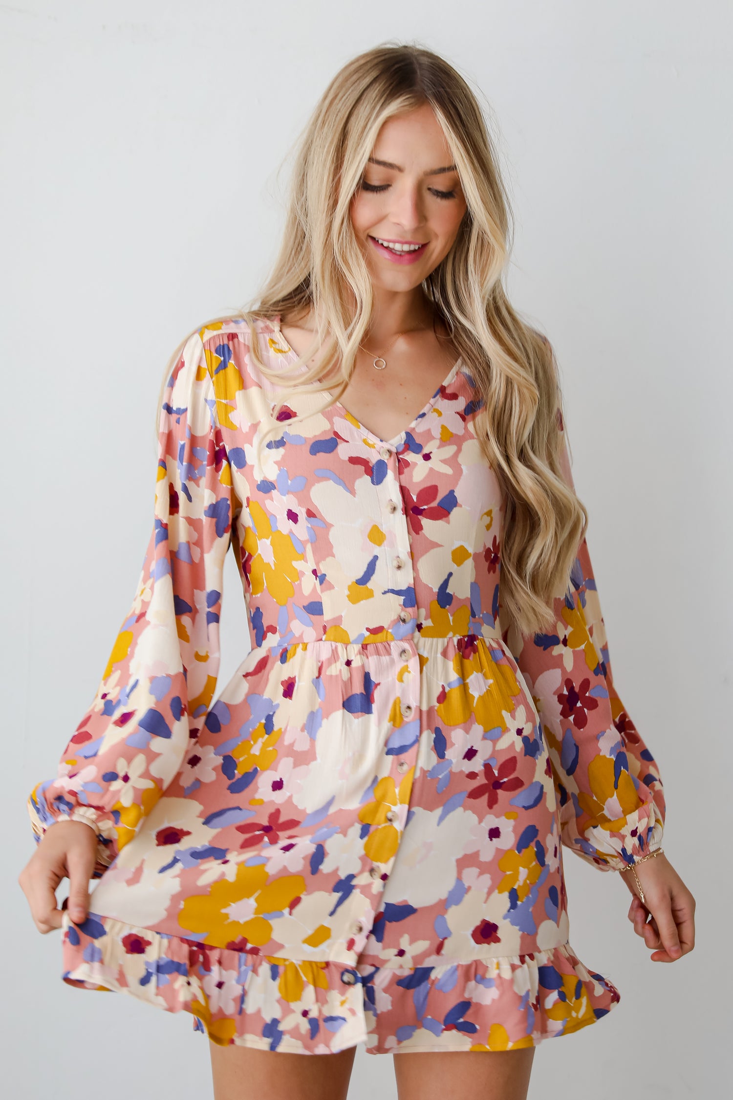 flowy Mauve Floral Babydoll Mini Dress