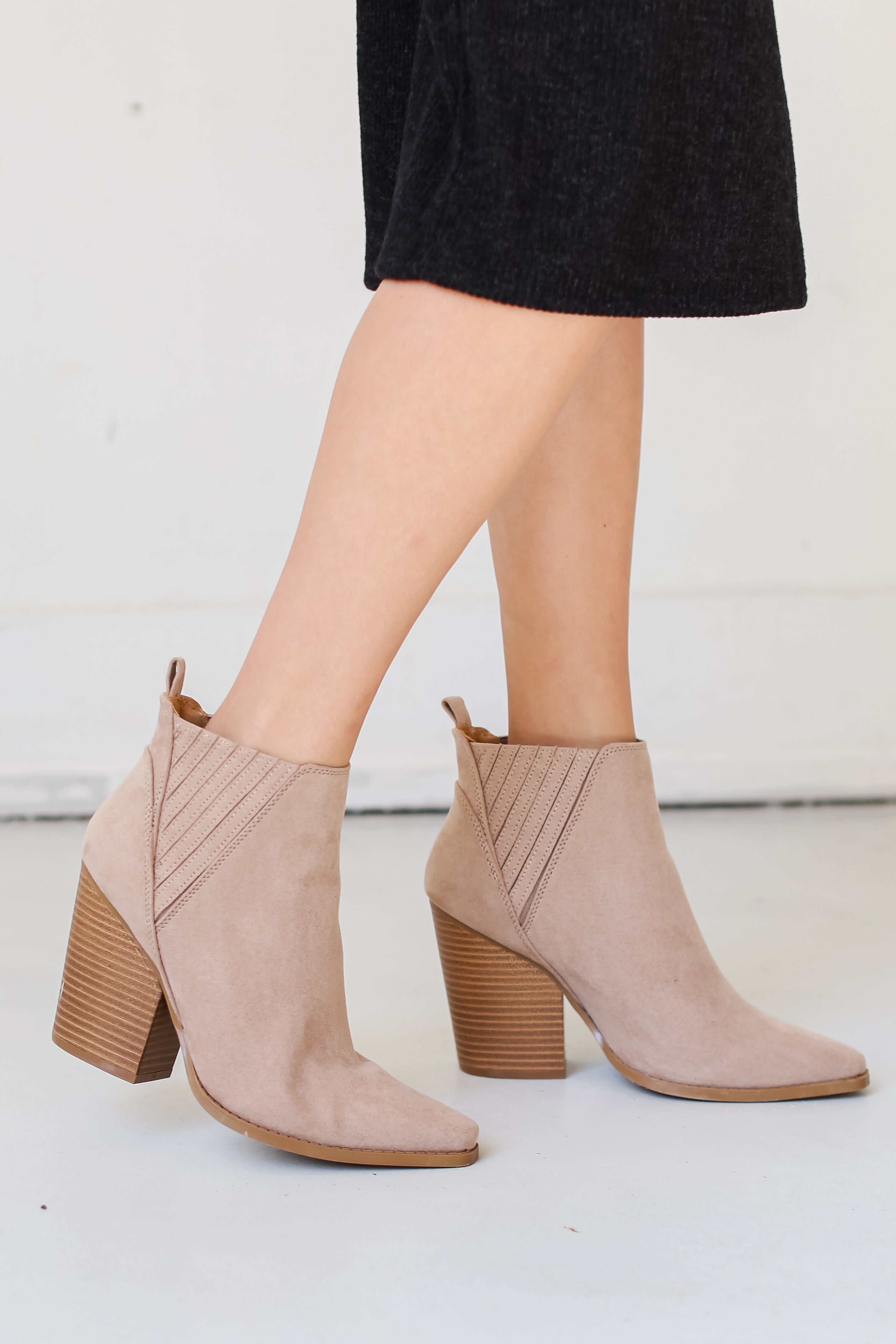 taupe suede Booties side view on model