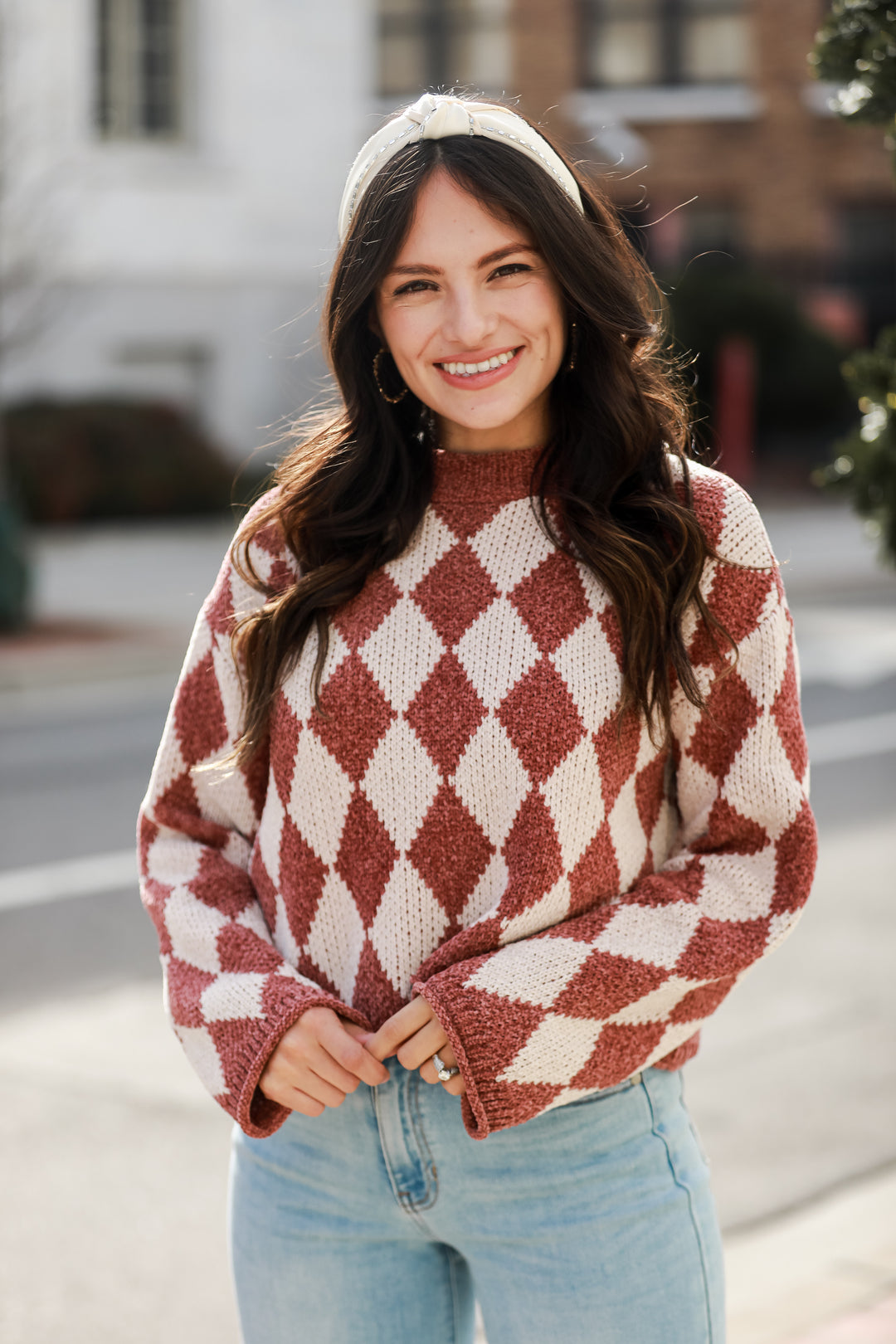 Brown Argyle Chenille Sweater