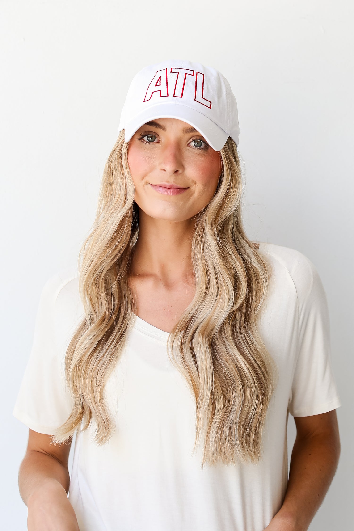 red ATL Vintage Embroidered Hat on model