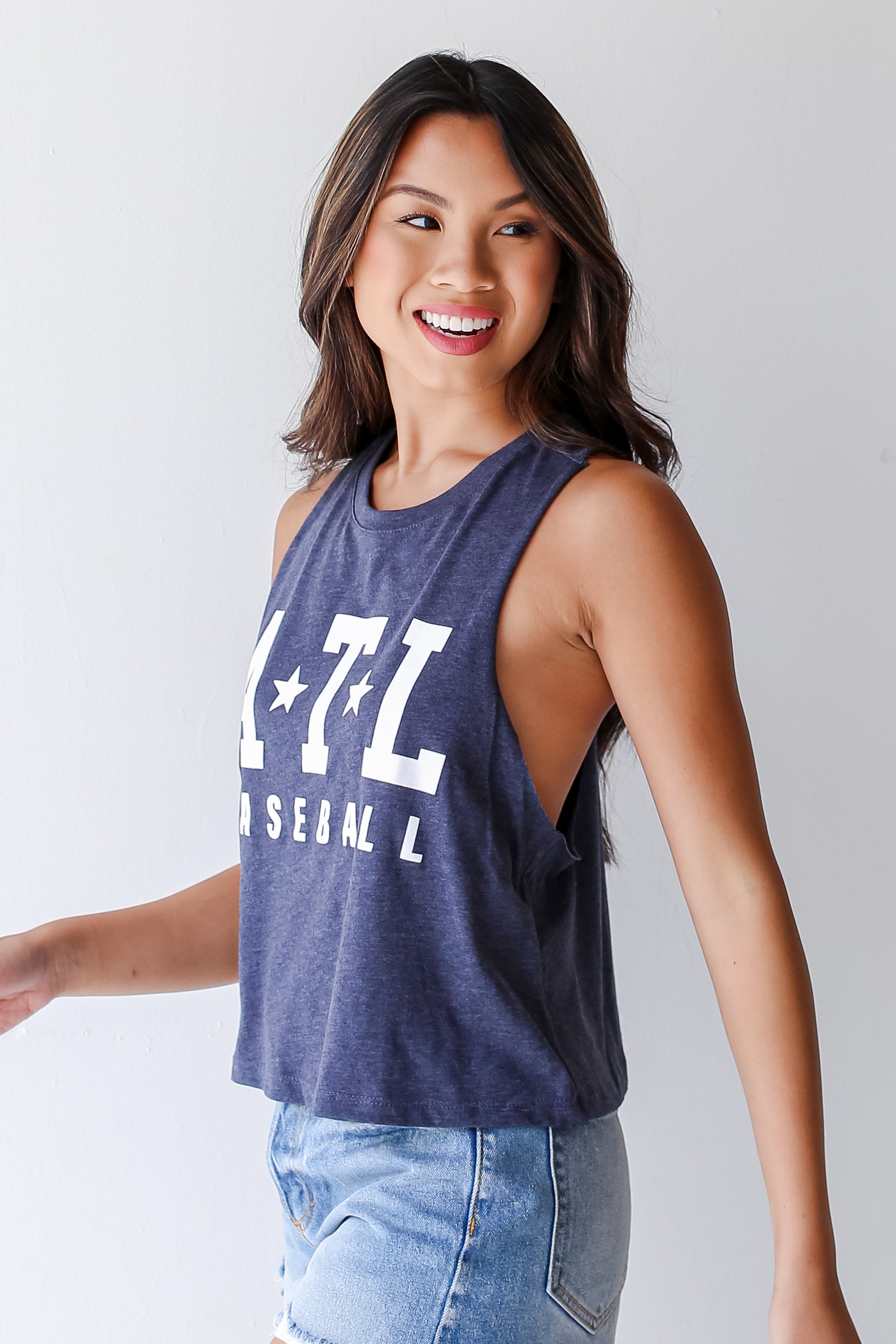 Navy ATL Baseball Star Muscle Tank side view