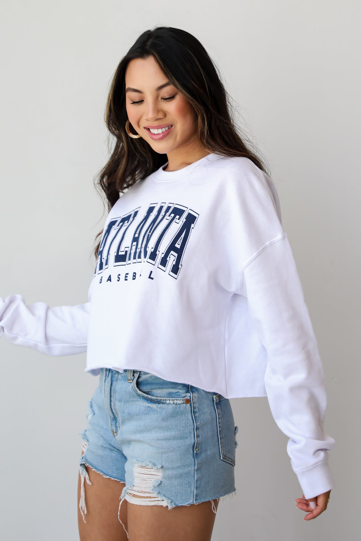 womens White Atlanta Baseball Cropped Sweatshirt