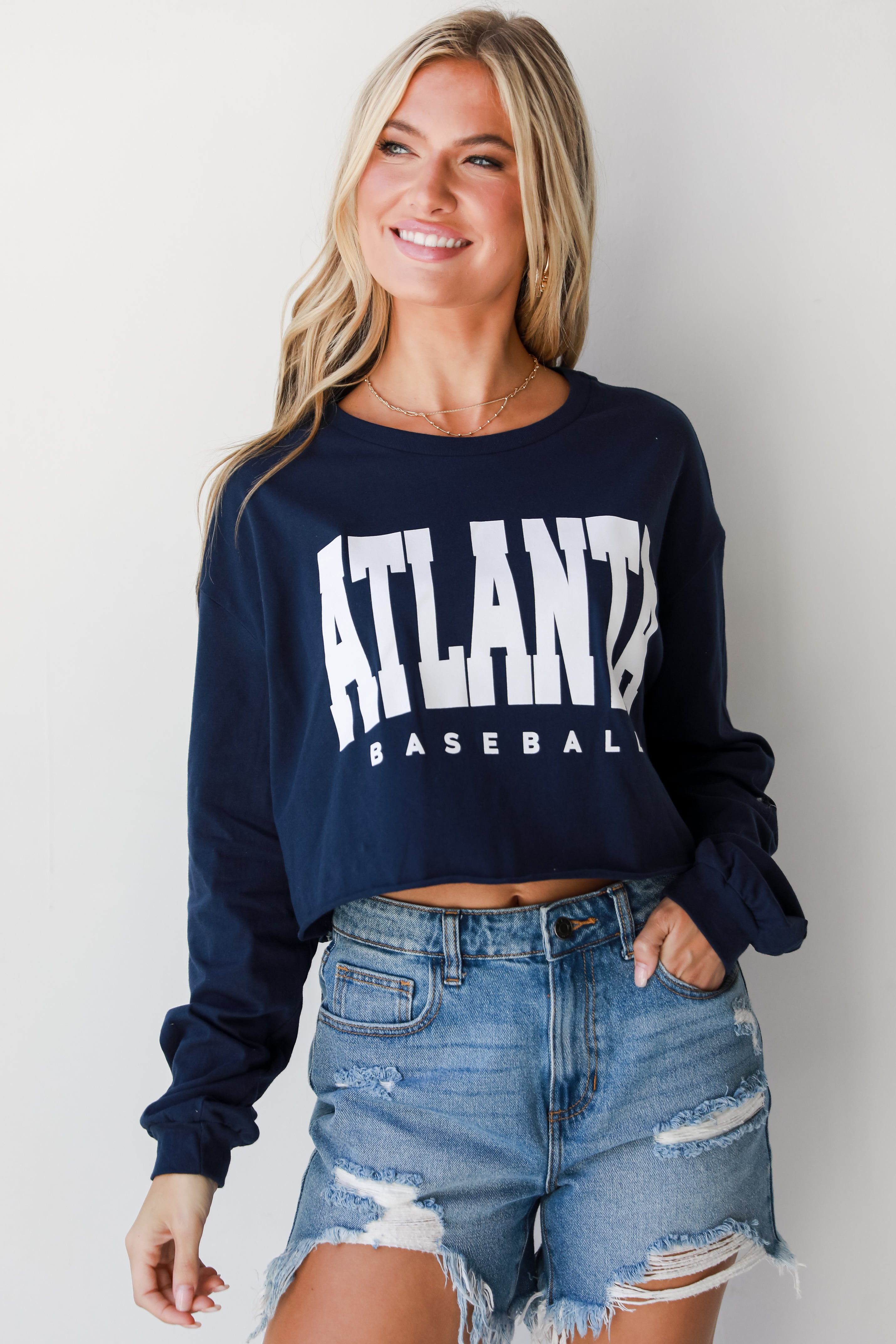 Navy Atlanta Baseball Cropped Long Sleeve Tee