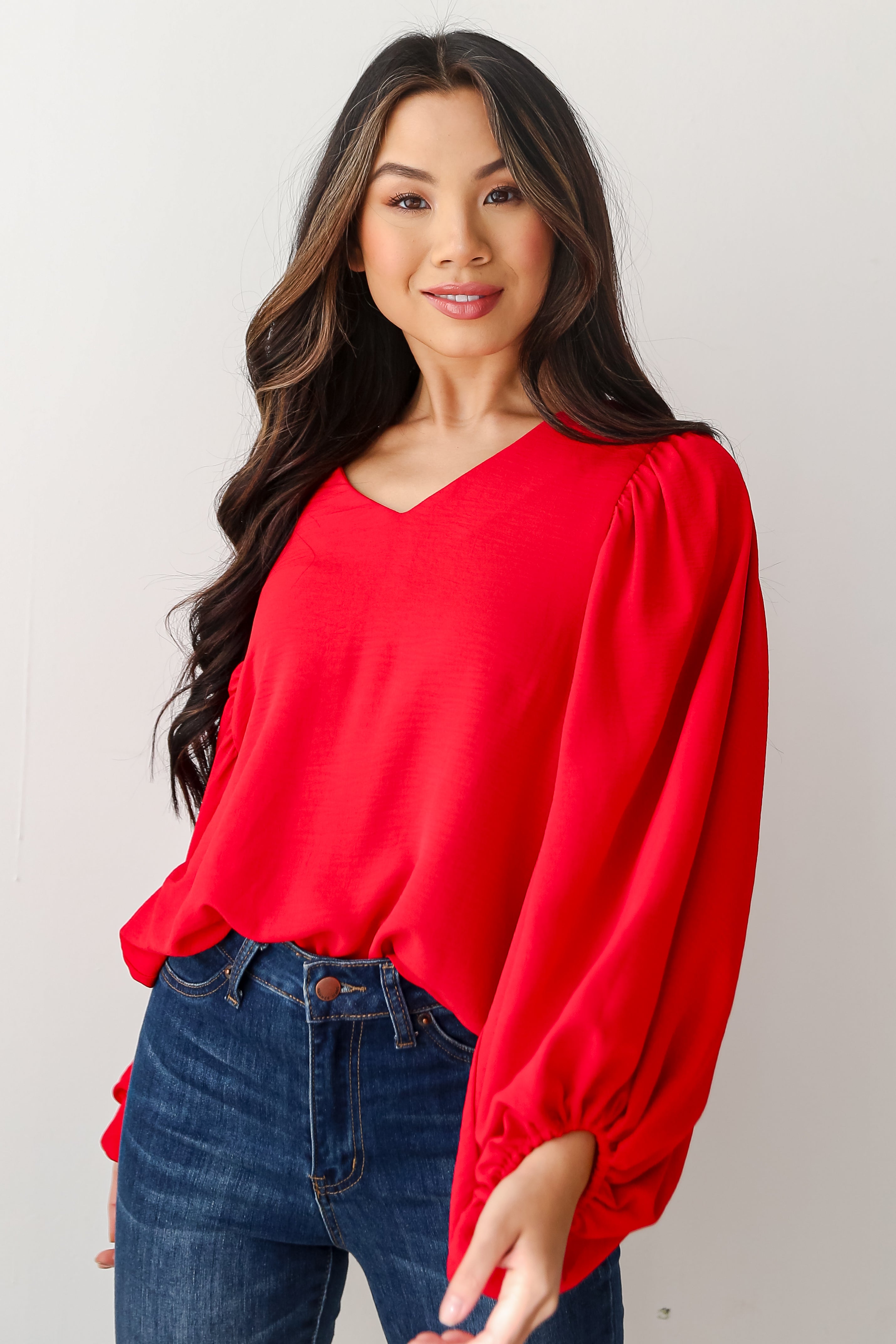 red Balloon Sleeve Blouse front view