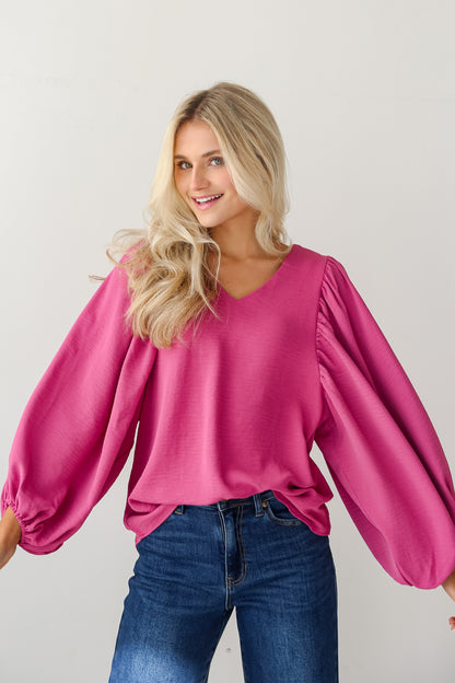 pink Balloon Sleeve Blouse front view