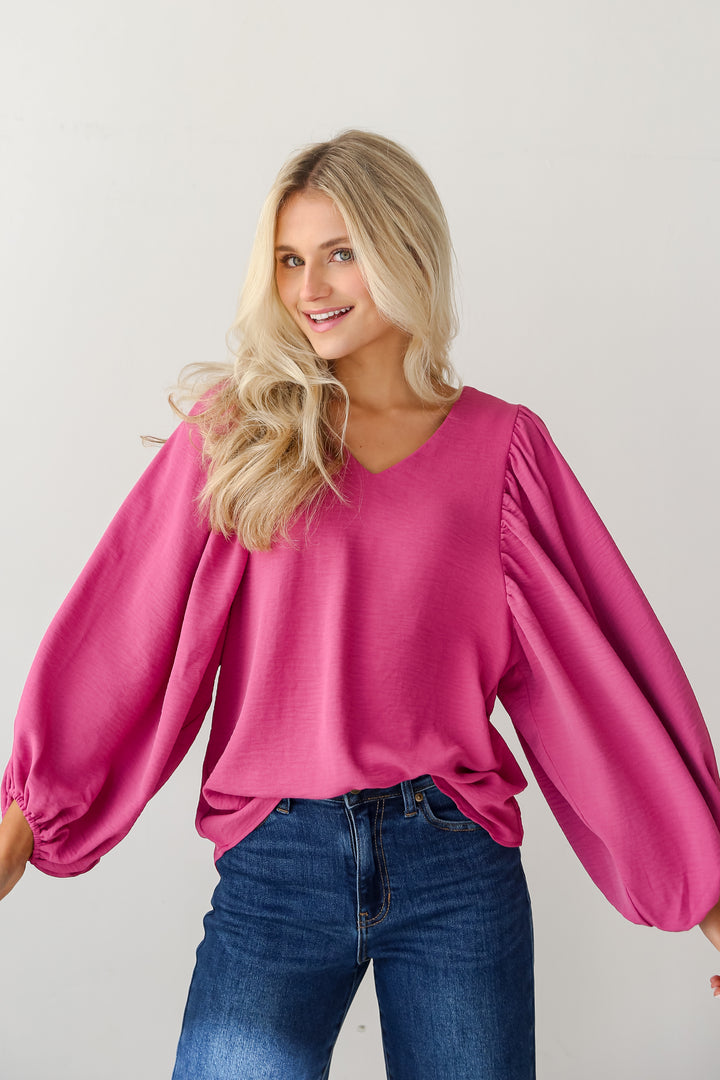 pink Balloon Sleeve Blouse front view