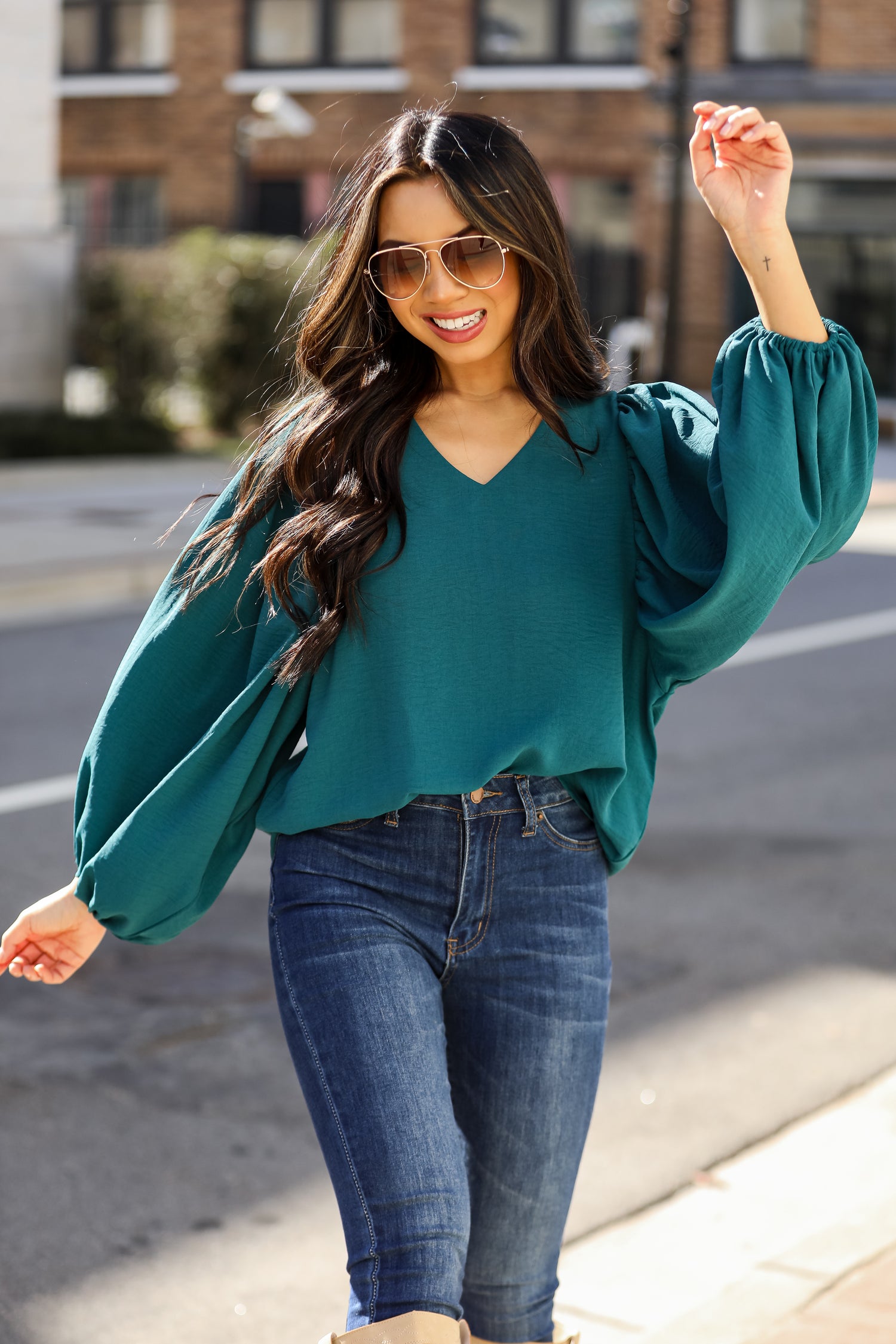 emerald green Balloon Sleeve Blouse