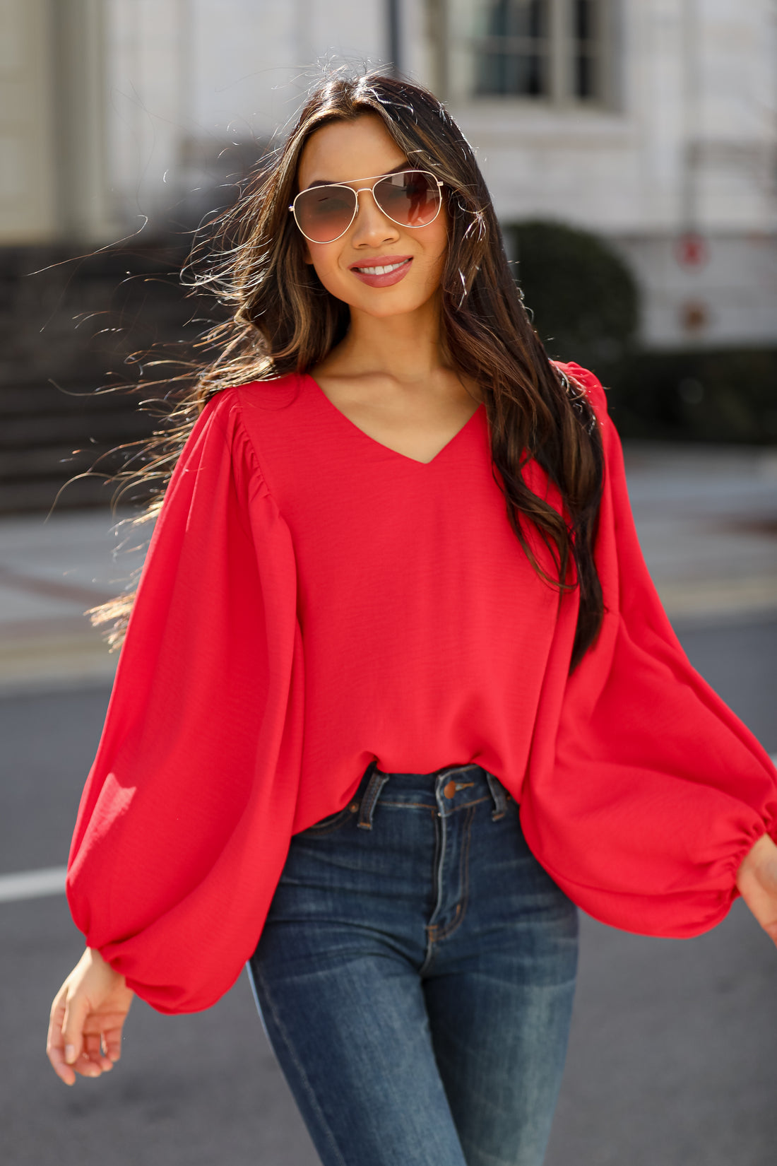 red Balloon Sleeve Blouse