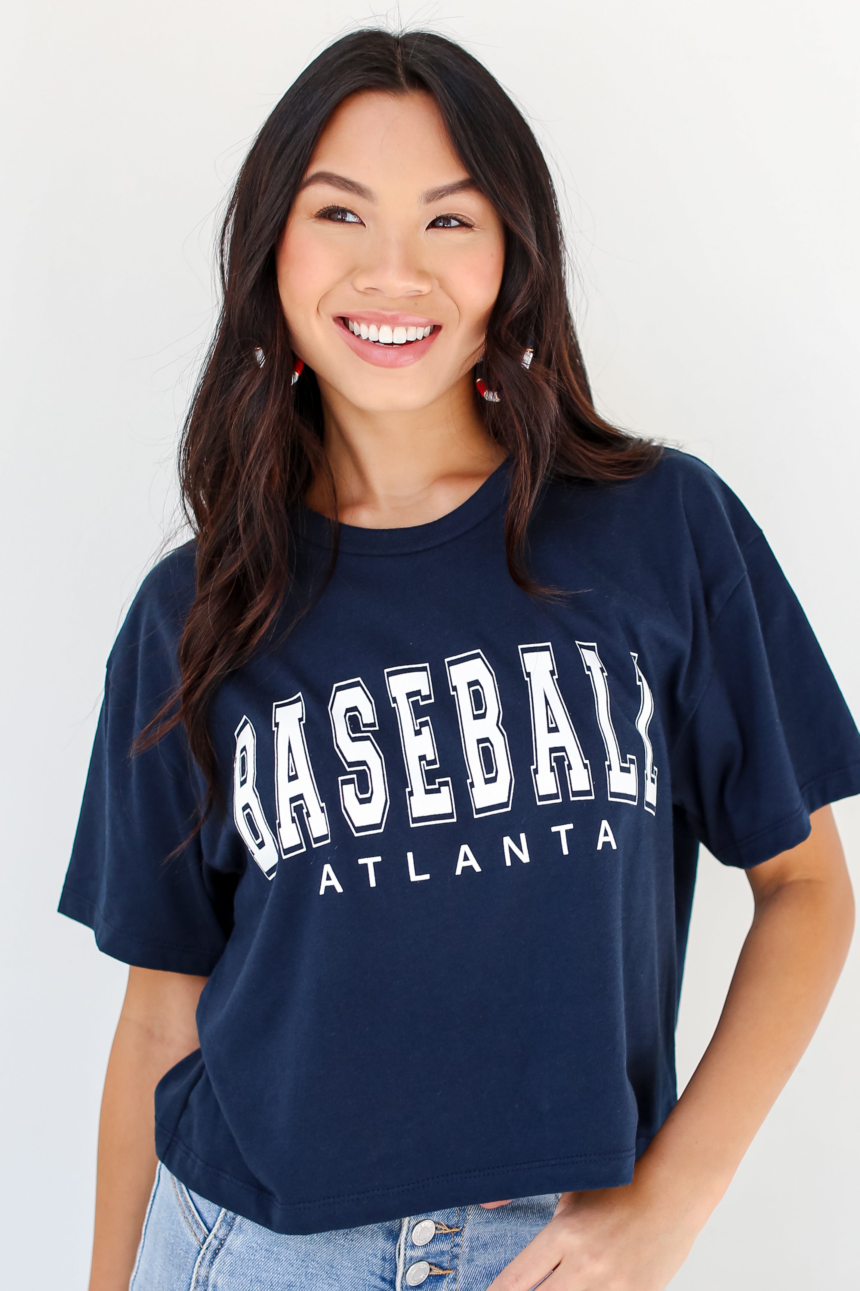 Navy Atlanta Baseball Cropped Tee on dress up model