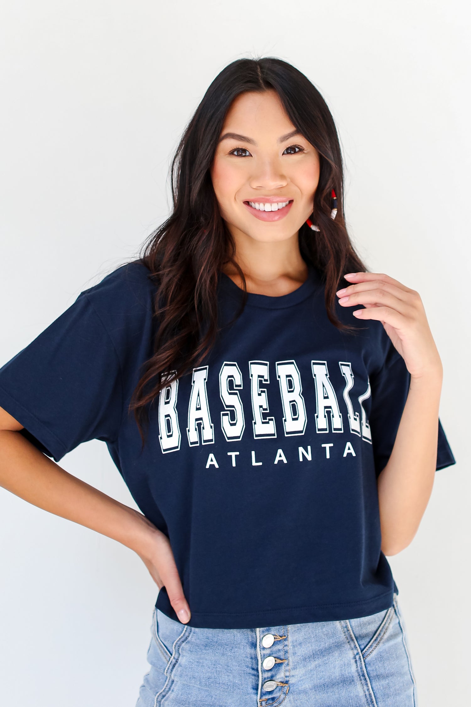 Navy Atlanta Baseball Cropped Tee close up