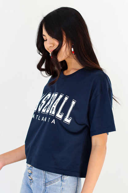 Navy Atlanta Baseball Cropped Tee side view