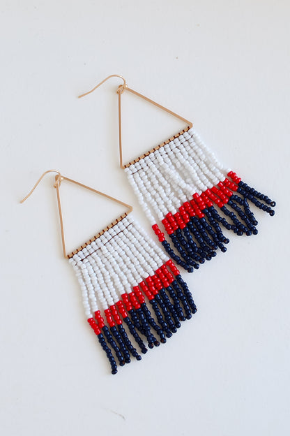 White + Navy Beaded Fringe Earrings flat lay