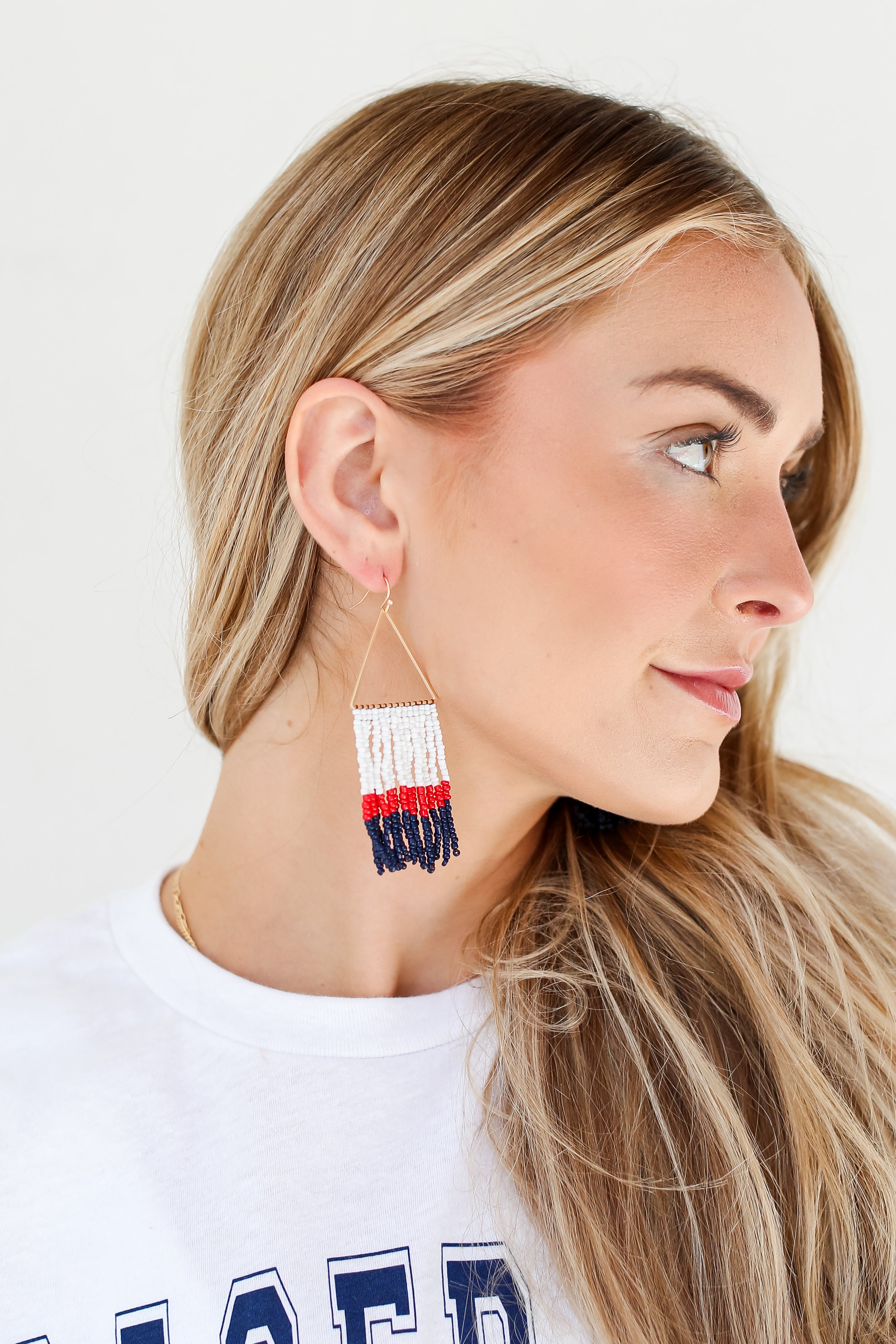 White + Navy Beaded Fringe Earrings close up