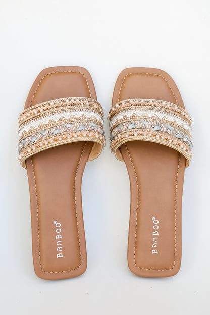 Better Together Gold Beaded Rhinestone Slide Sandals By Bamboo