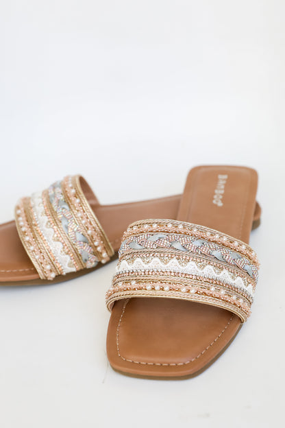 Better Together Gold Beaded Rhinestone Slide Sandals By Bamboo