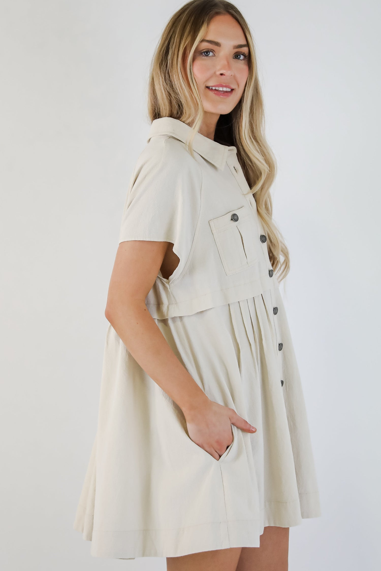 FINAL SALE - Lucky To Be Me Beige Babydoll Mini Dress