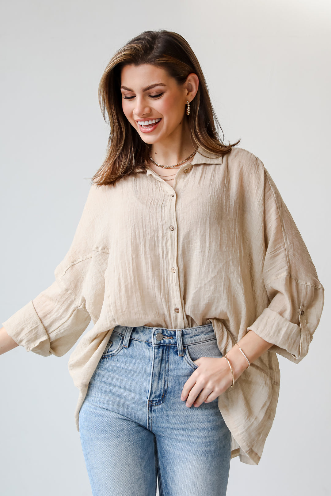 Beige Oversized Button-Up Blouse