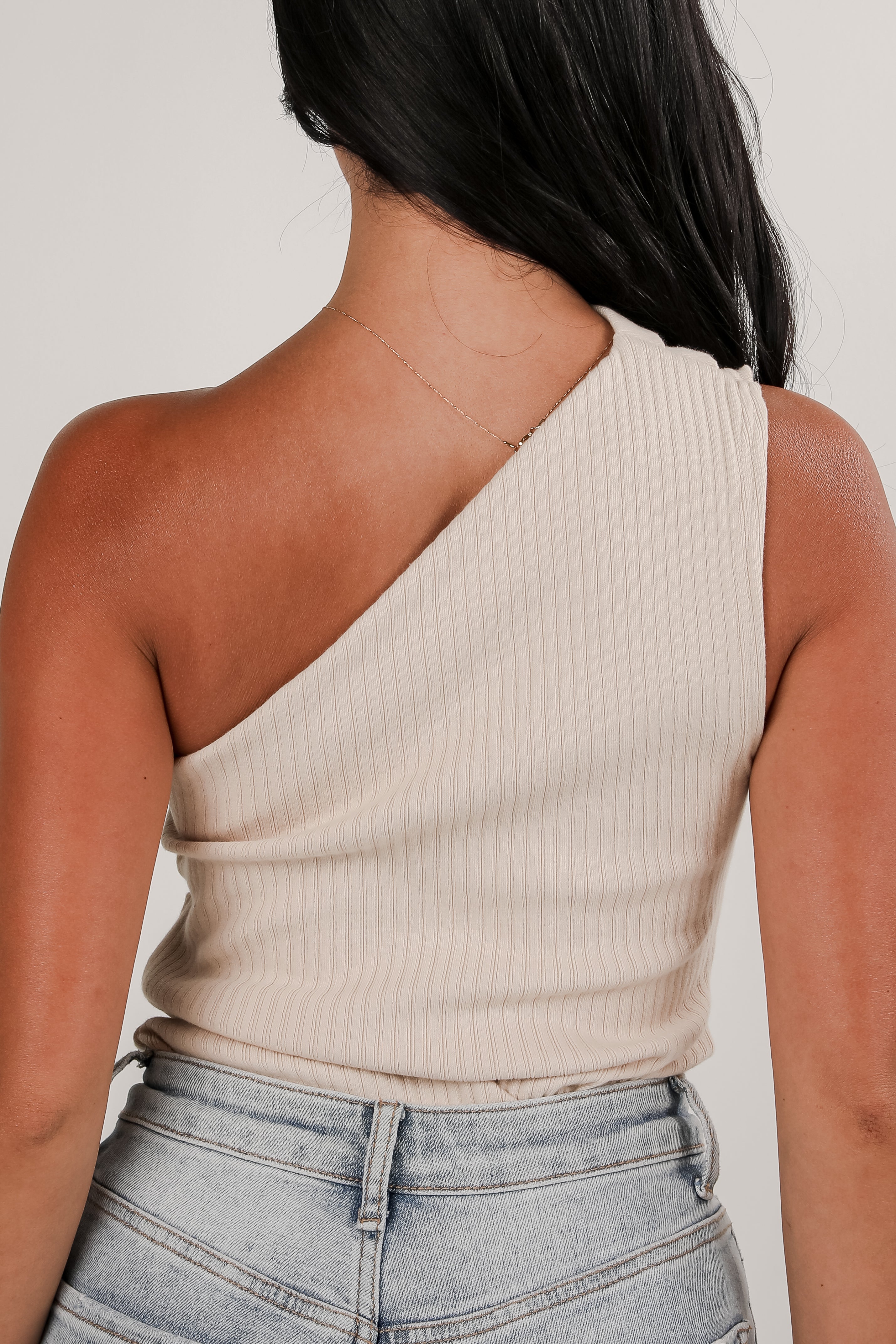 Just My Vibe Beige Knit One-Shoulder Tank