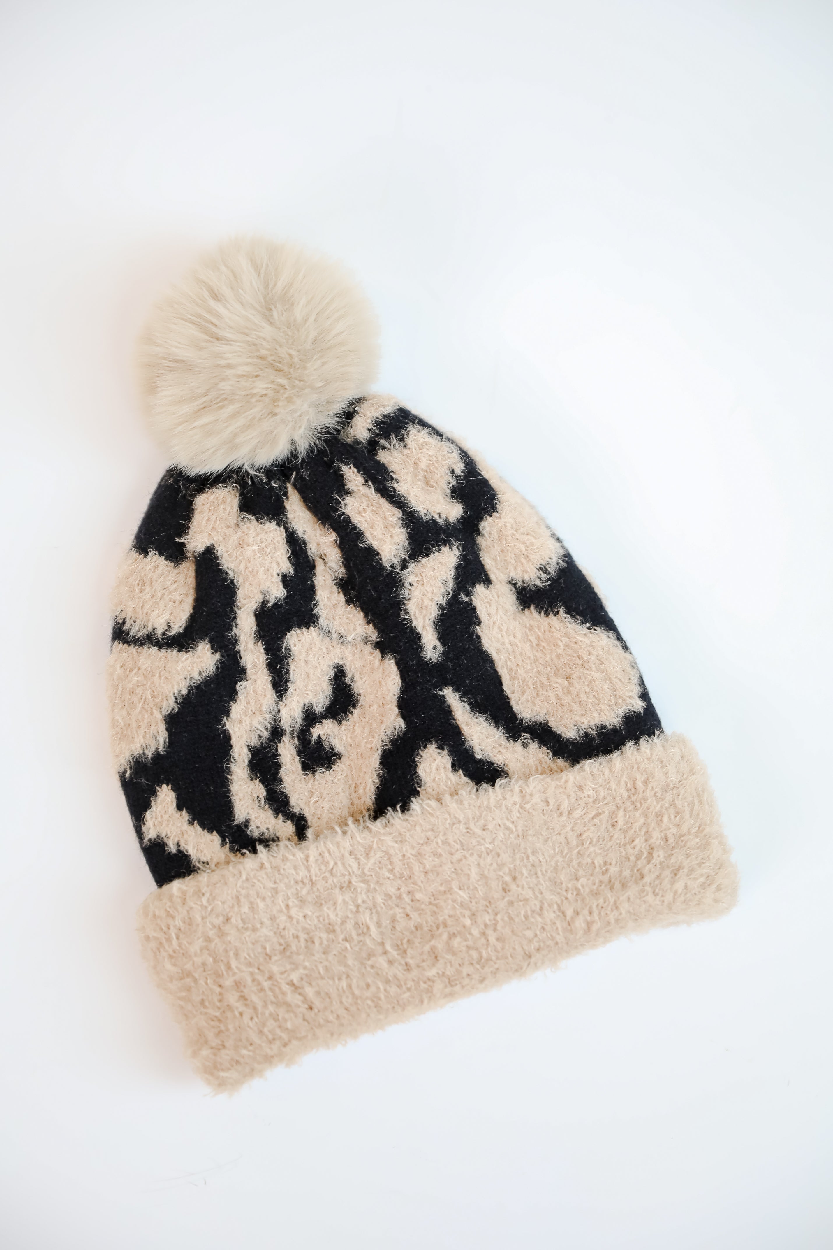 Fierce And Cozy Beige Leopard Pom Pom Beanie