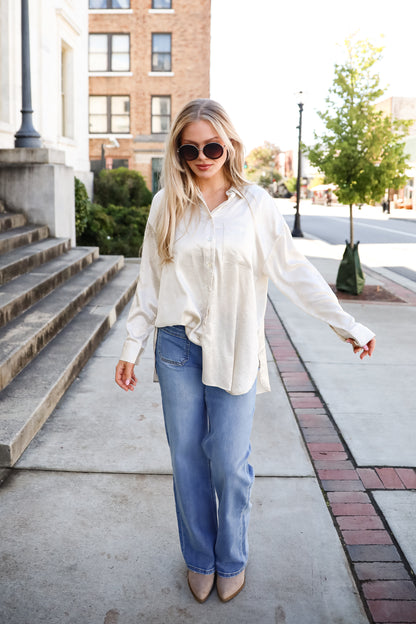 Radiant Mood Beige Metallic Button-Up Blouse