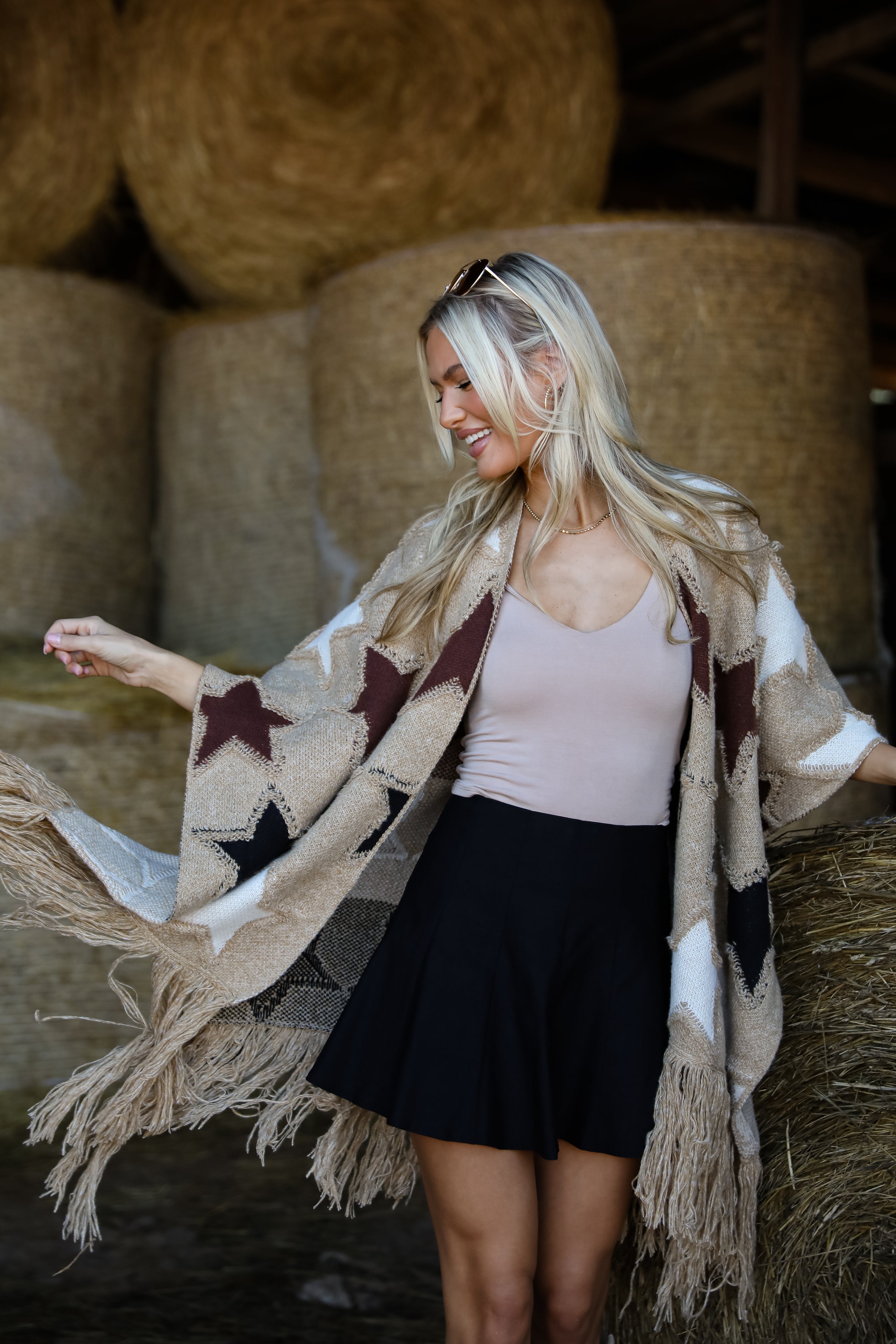 Playful Coziness Beige Star Knit Fringe Shawl