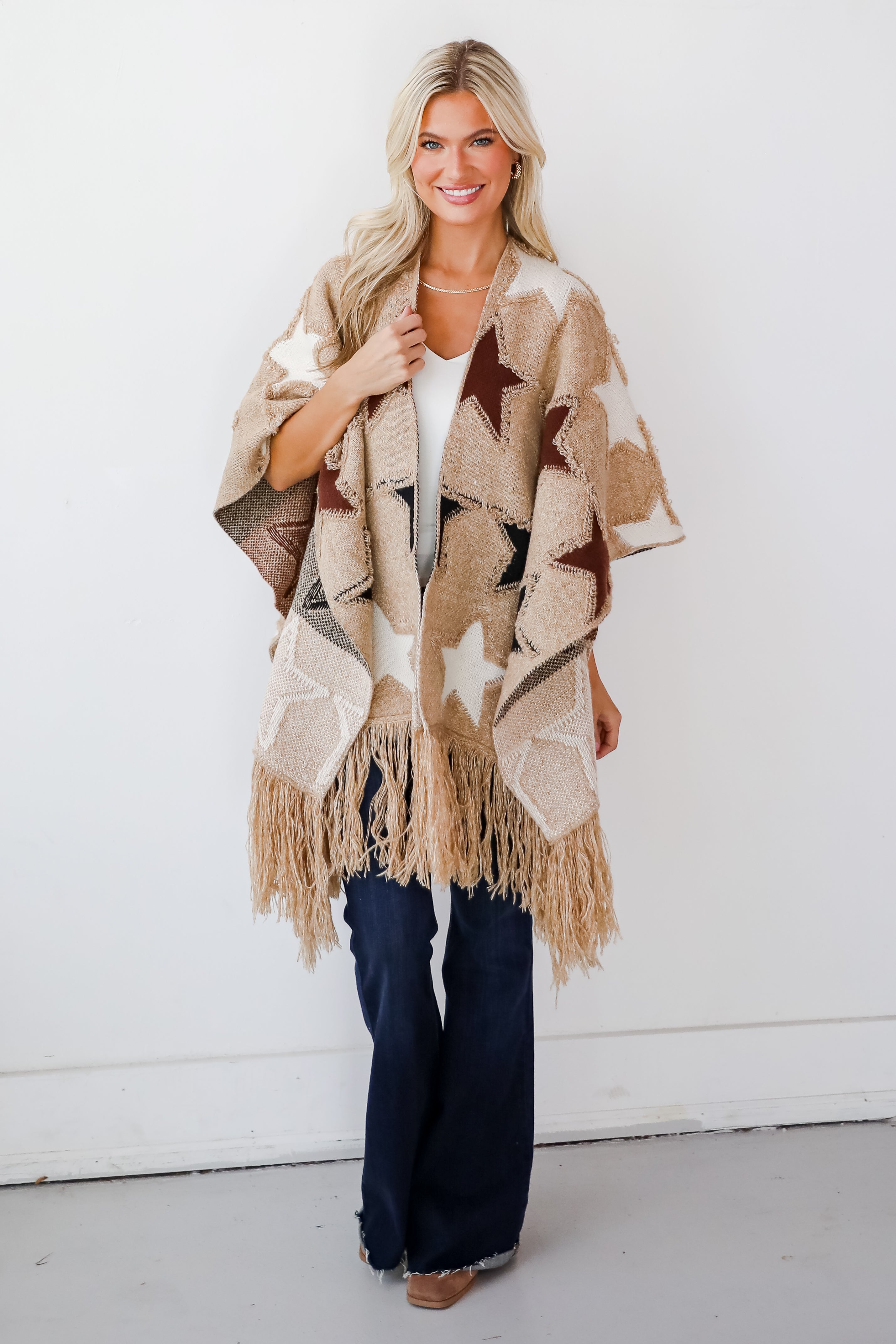 Playful Coziness Beige Star Knit Fringe Shawl