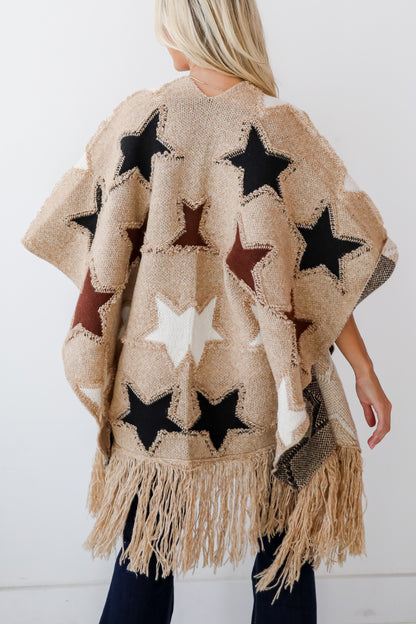 Playful Coziness Beige Star Knit Fringe Shawl