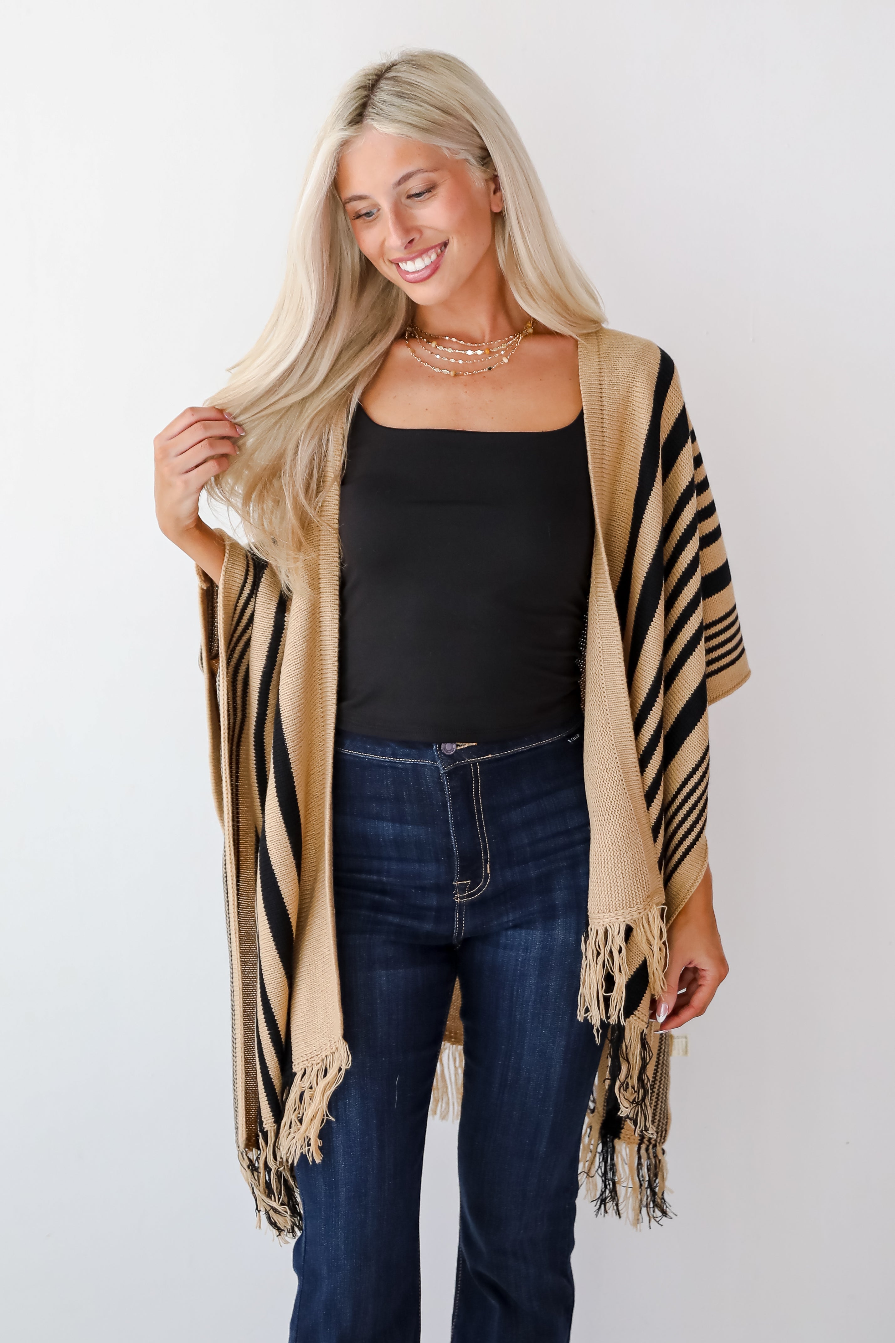 Comfy Concept Beige Striped Fringe Kimono