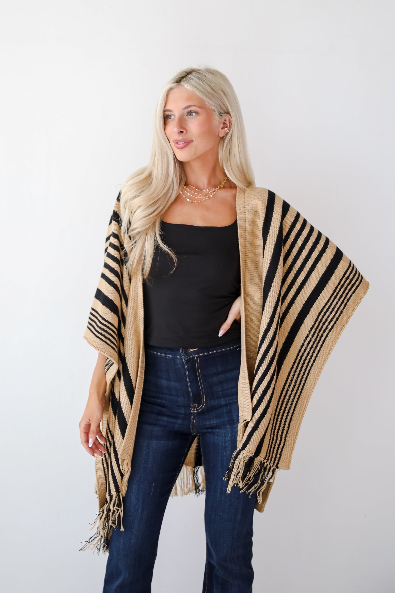 Comfy Concept Beige Striped Fringe Kimono