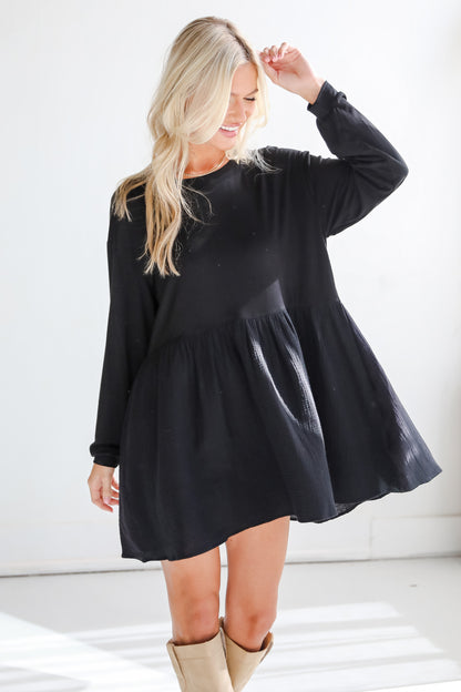 Cutest Persuasion Black Linen Contrast Babydoll Mini Dress