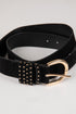 Black belt with gold studded detailing and buckle on a light gray background
