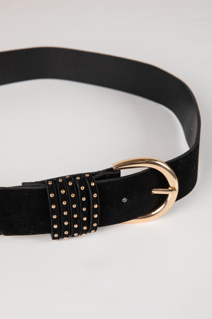Black belt with gold studded detail and buckle on a white background