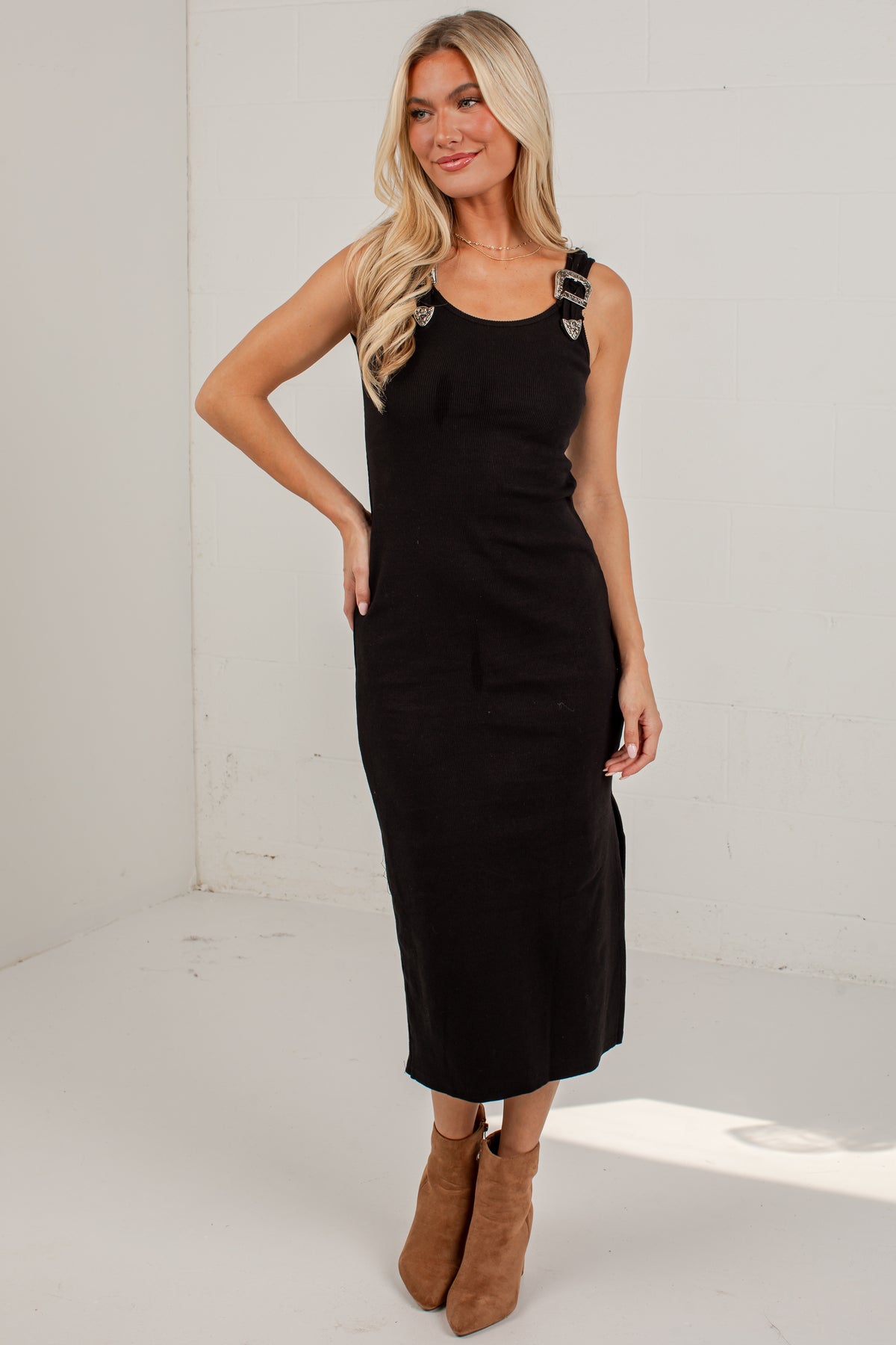 Western Allure Buckle Strap Midi Dress
