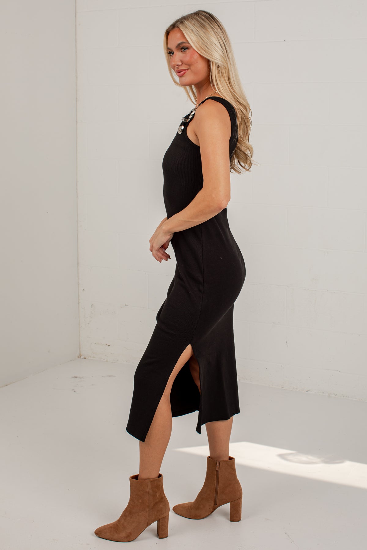 Western Allure Buckle Strap Midi Dress