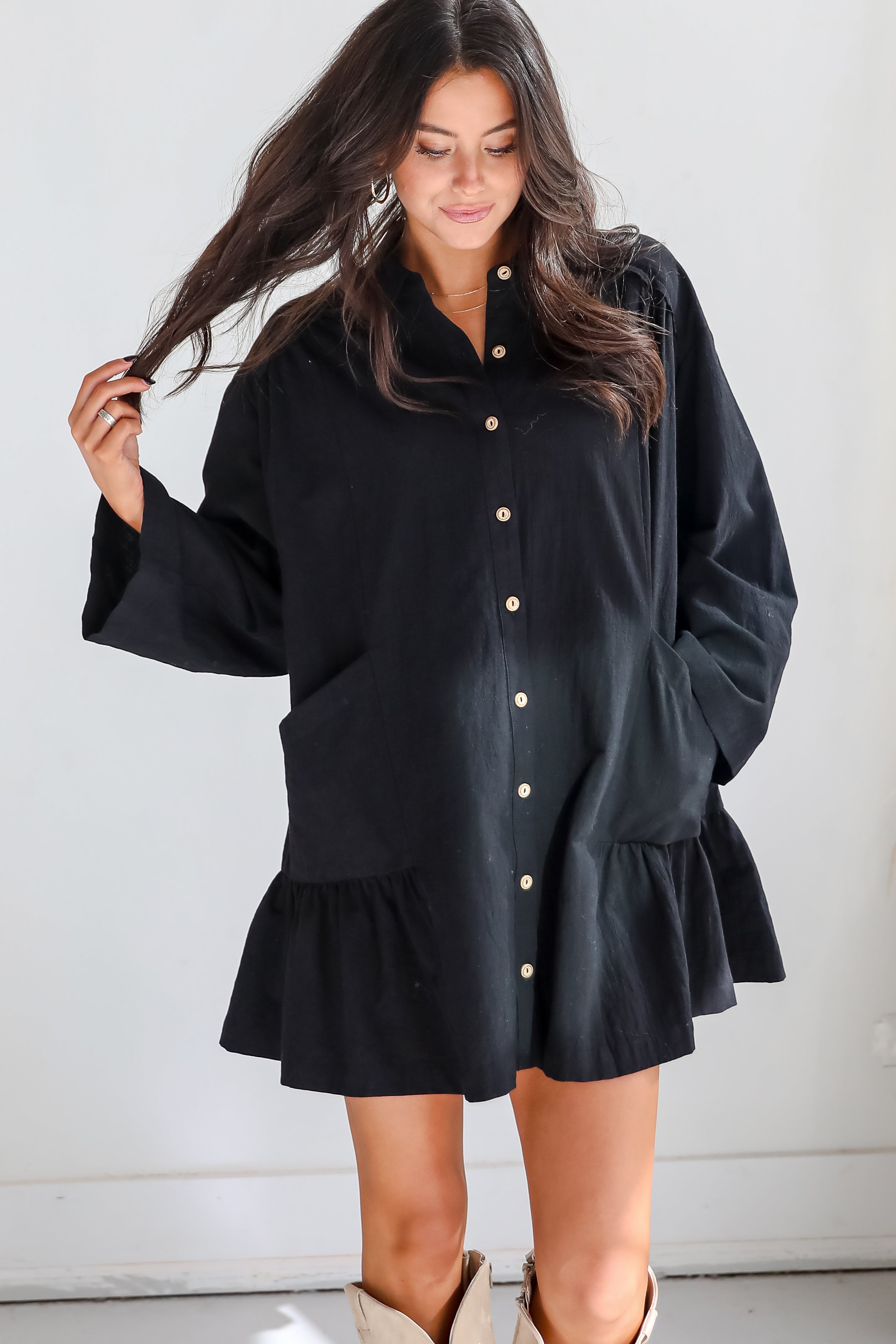 Instant Crush Black Button Front Mini Dress