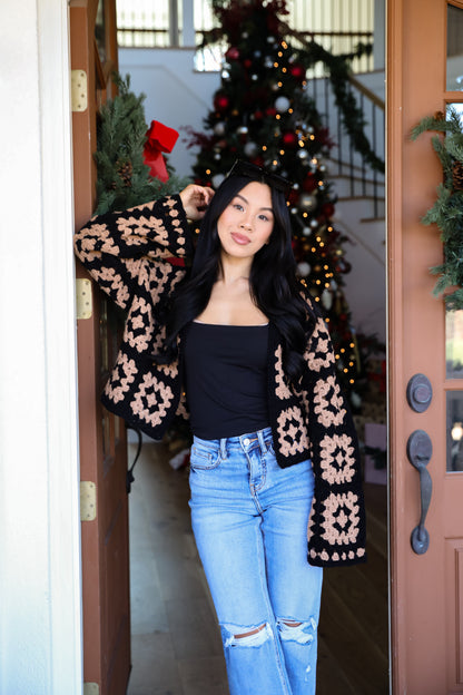 Timeless Warmth Black Crochet Knit Cardigan