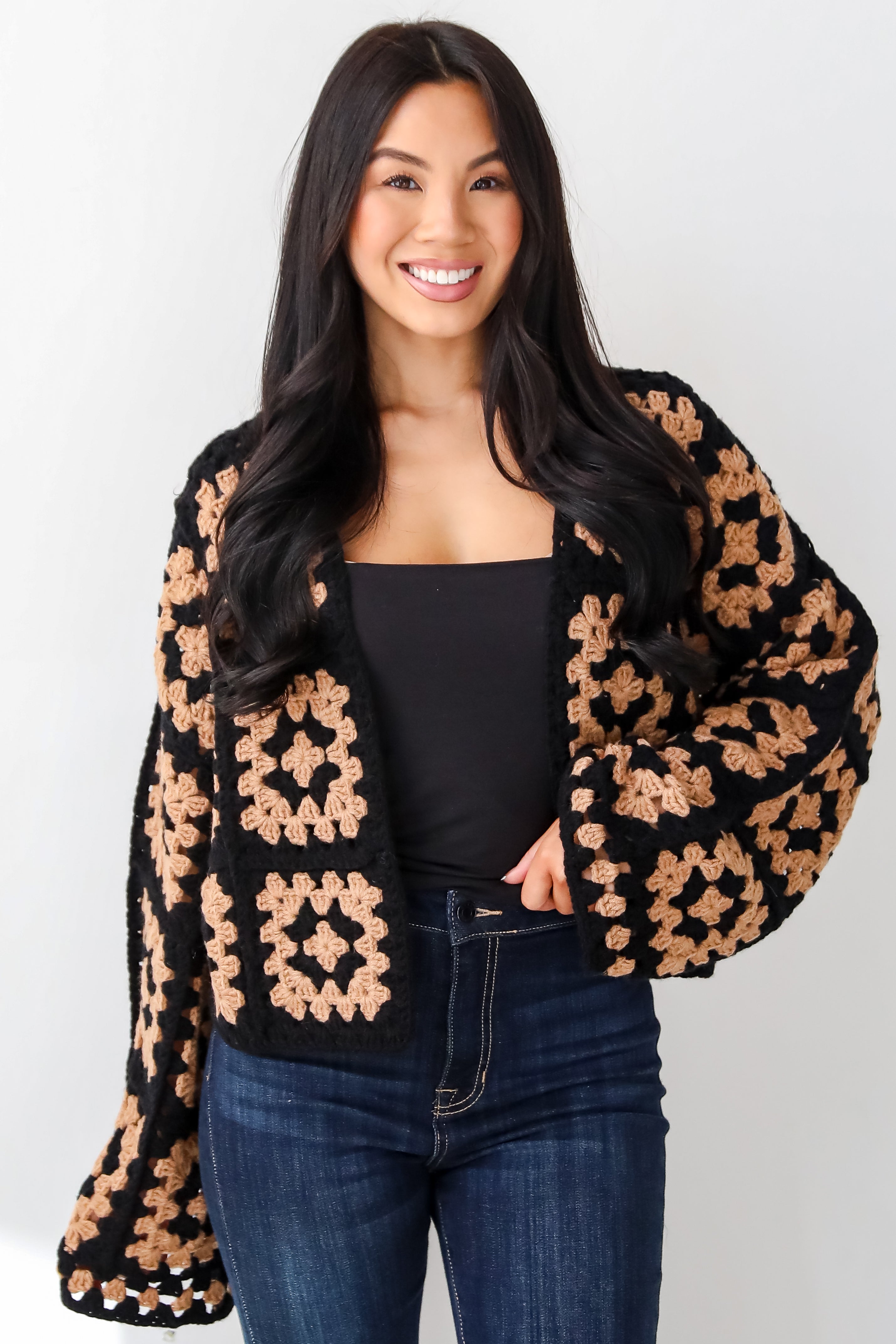 Timeless Warmth Black Crochet Knit Cardigan