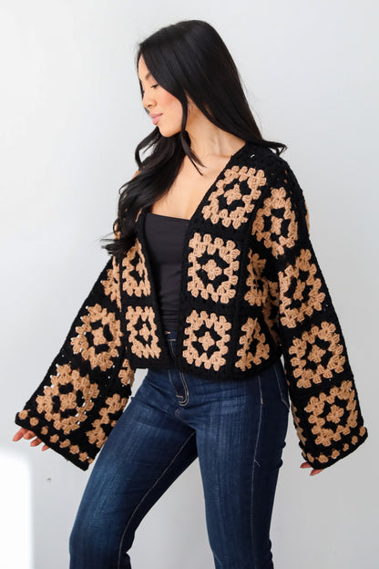 Timeless Warmth Black Crochet Knit Cardigan