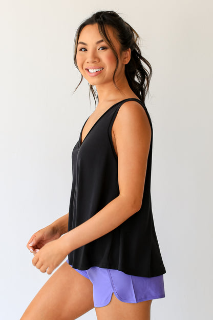 black basic v-neck Tank side view