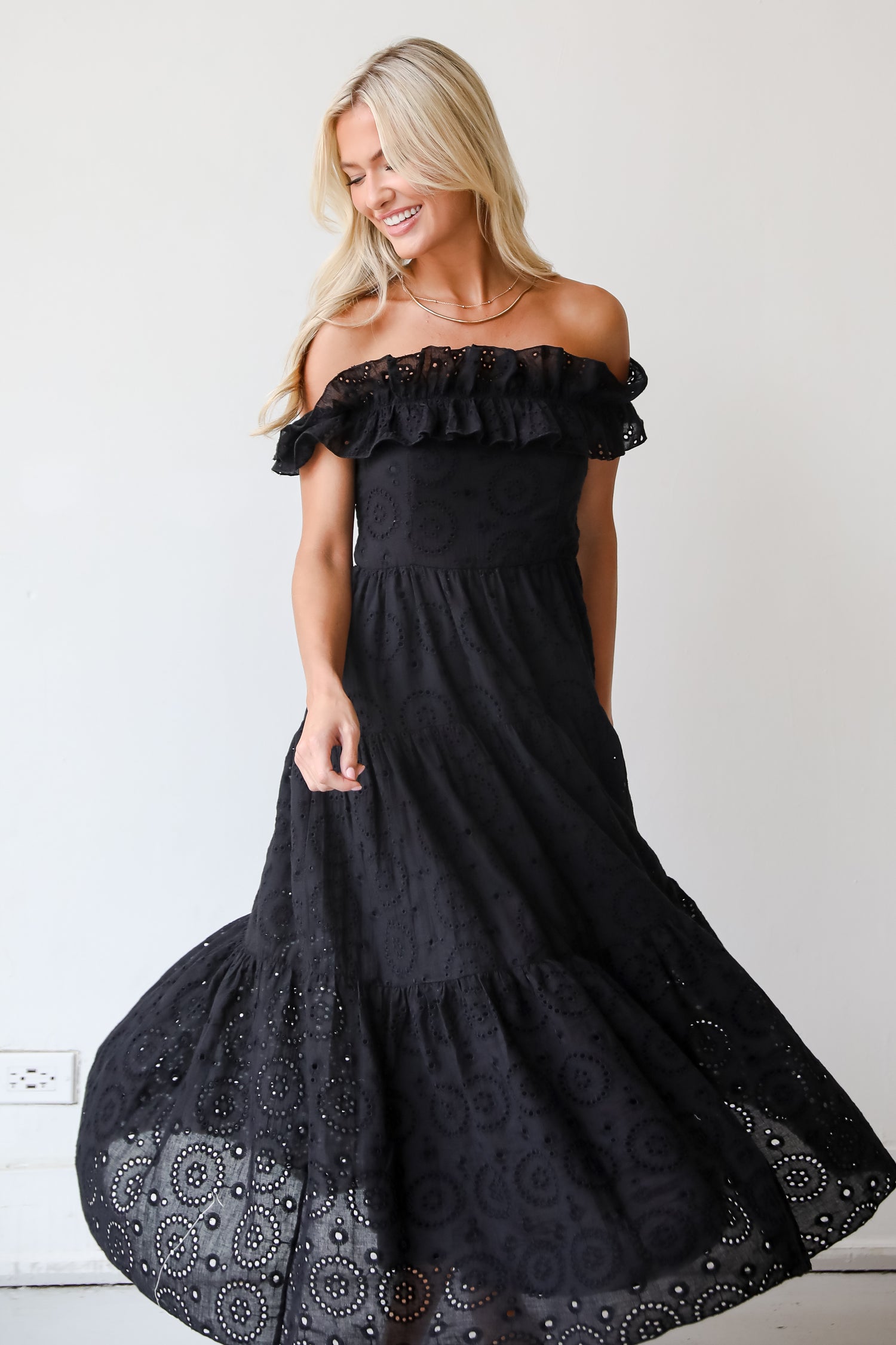 Lush Loveliness Black Eyelet Tiered Midi Dress