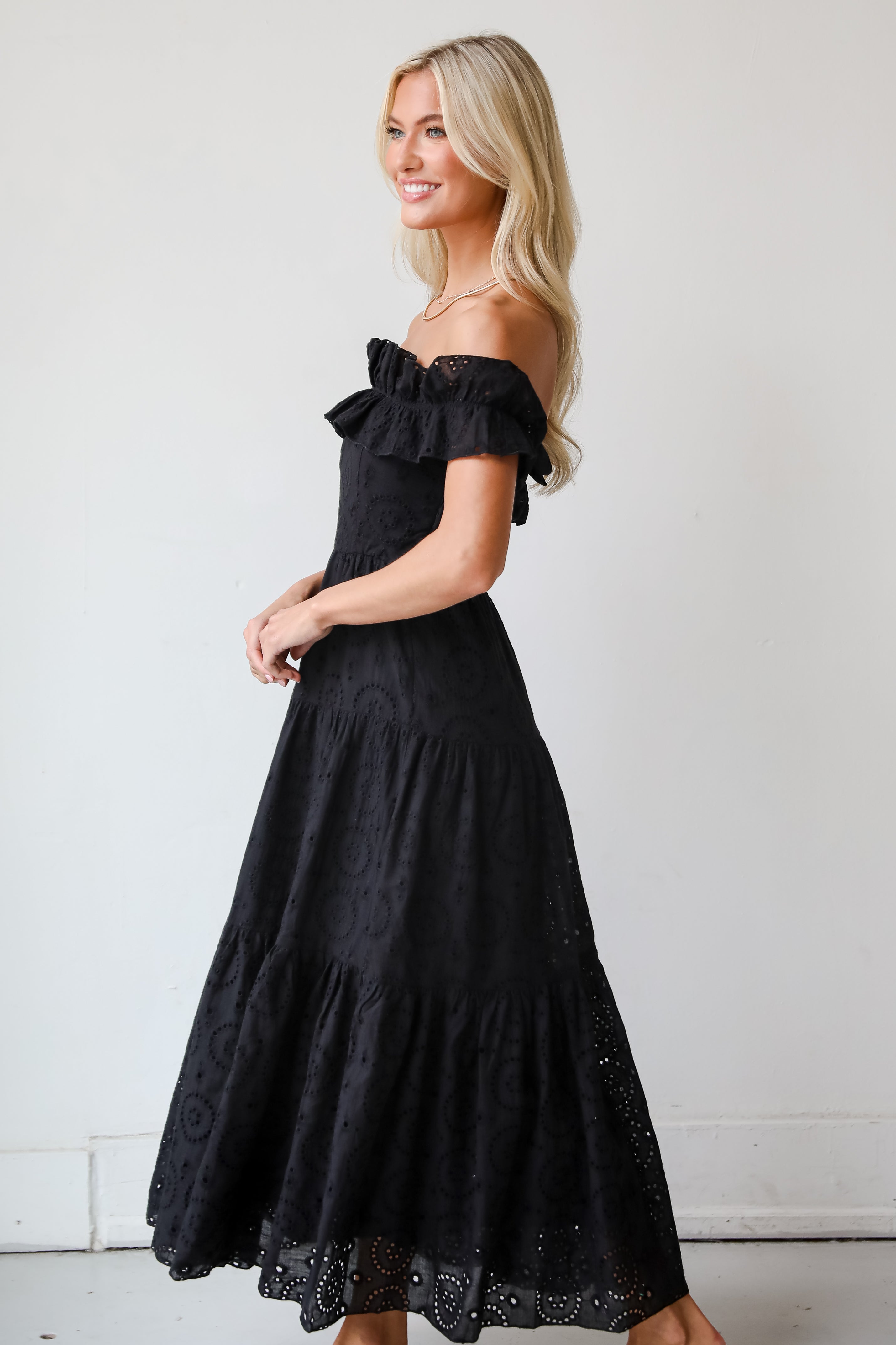 Lush Loveliness Black Eyelet Tiered Midi Dress