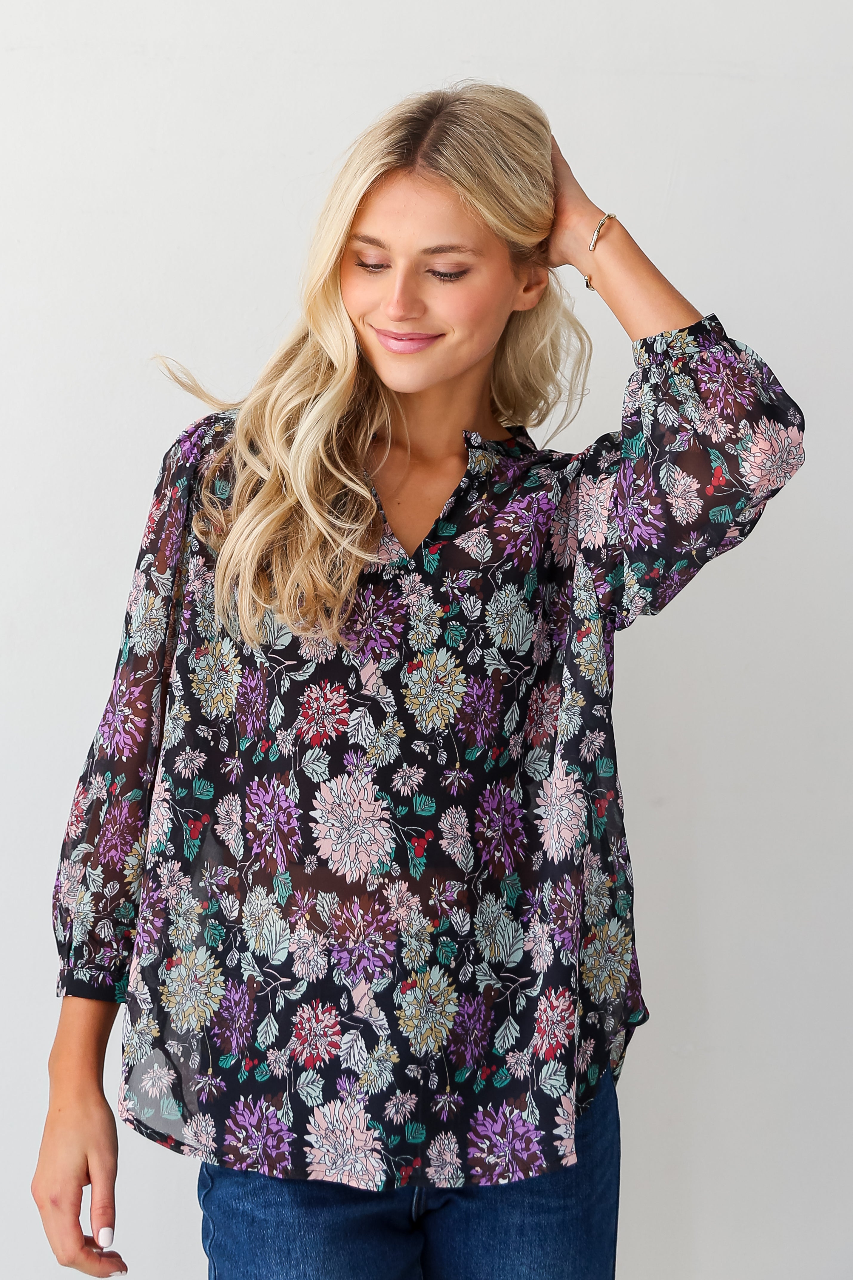 Black Floral Blouse front view