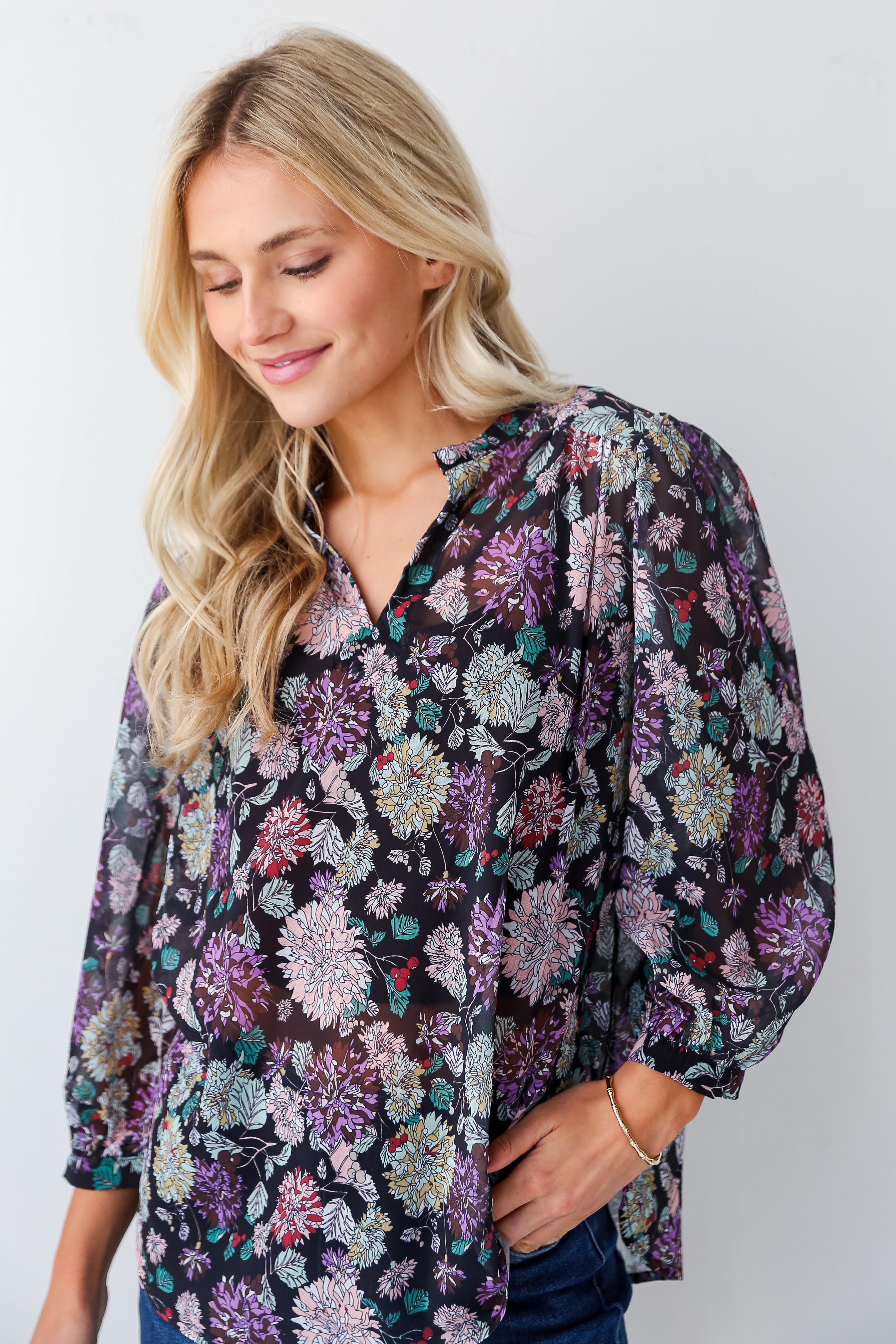 Black Floral Blouse close up