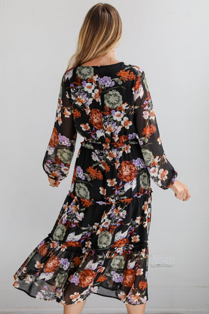 Prepared To Impress Black Floral Midi Dress